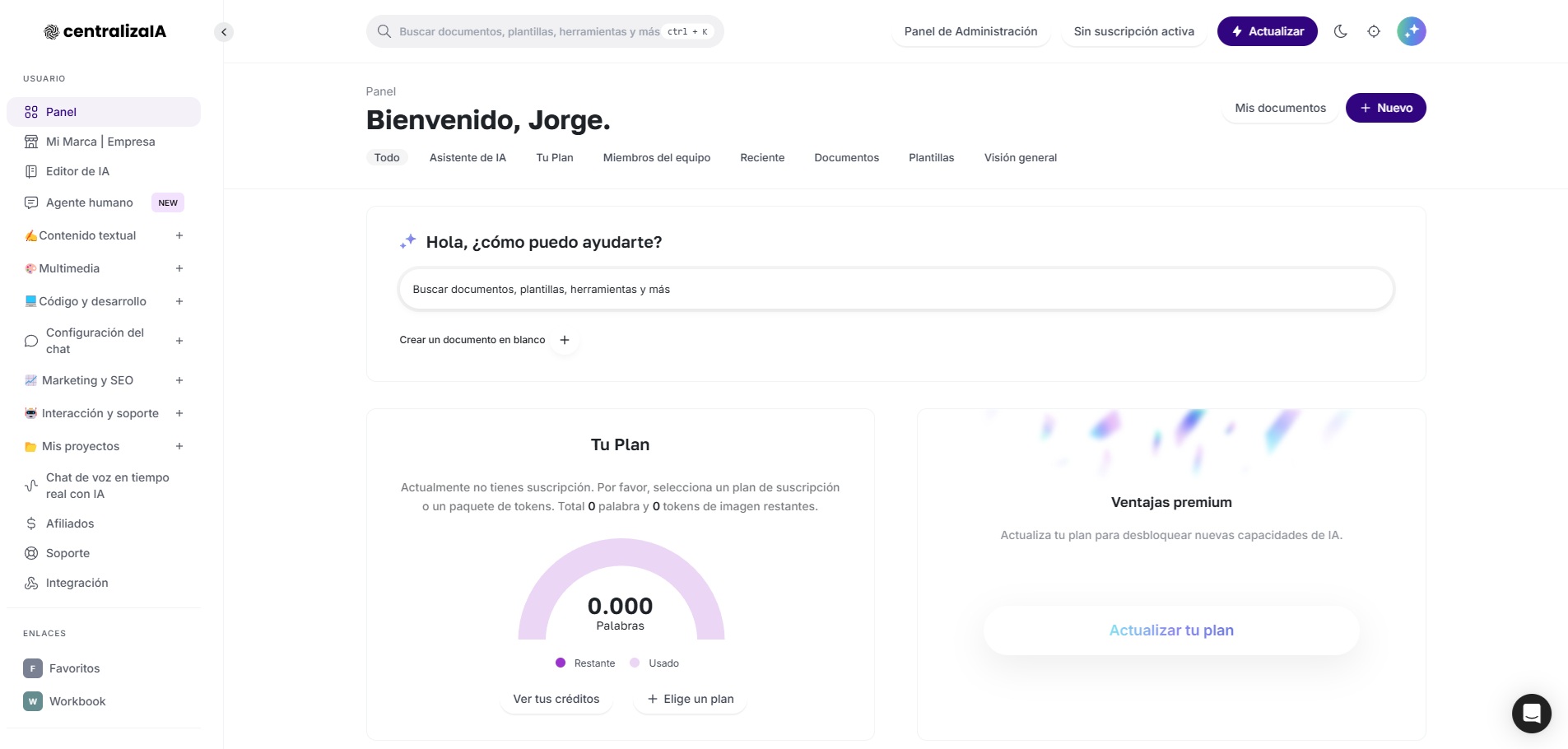 Image of centralizaIA | El software de IA para emprendedores y pymes dashboard